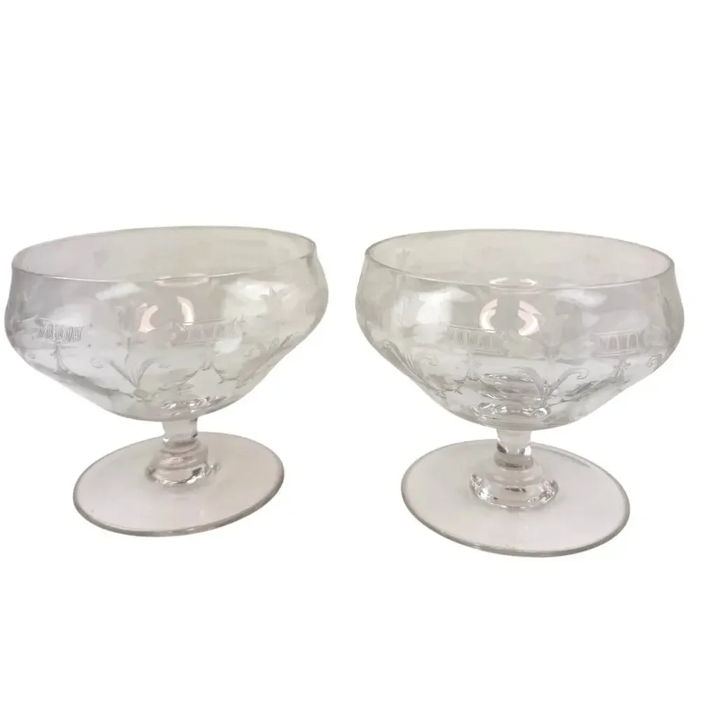 Vintage Etched Ice Cream Fruit Bowl Glass Floral Round Shape Hand Blown Set of 2
